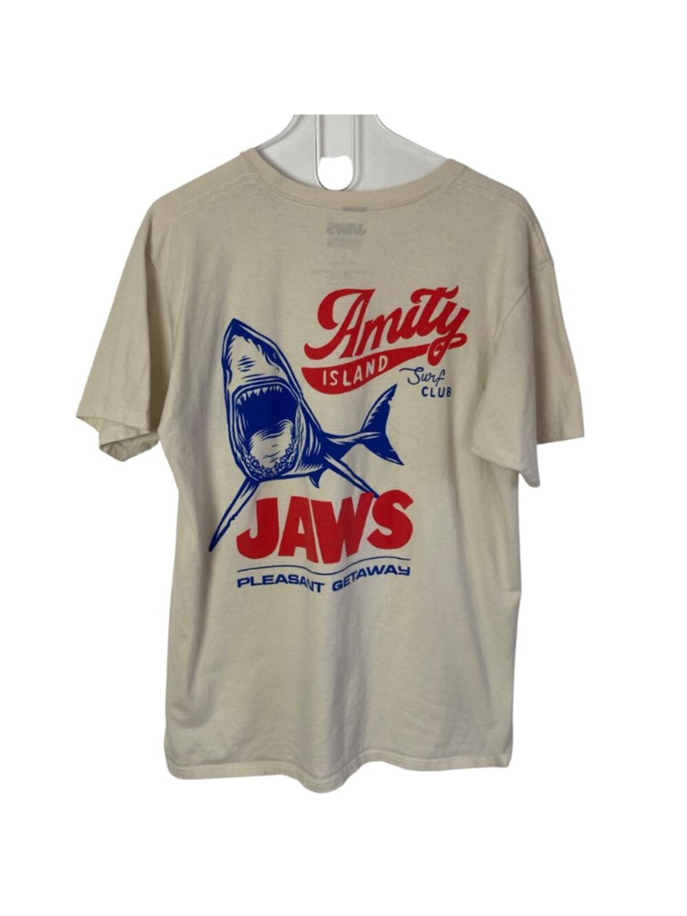 Jaws x Pleasant Getaway Graphic T Shirt Mens Large Amity Island Surf Club Beige - Picture 4 of 7